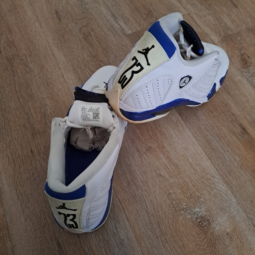 Air Jordan 14 Retro 'Hyper Royal' White Leather Blue Sneakers Men's Size 11.5